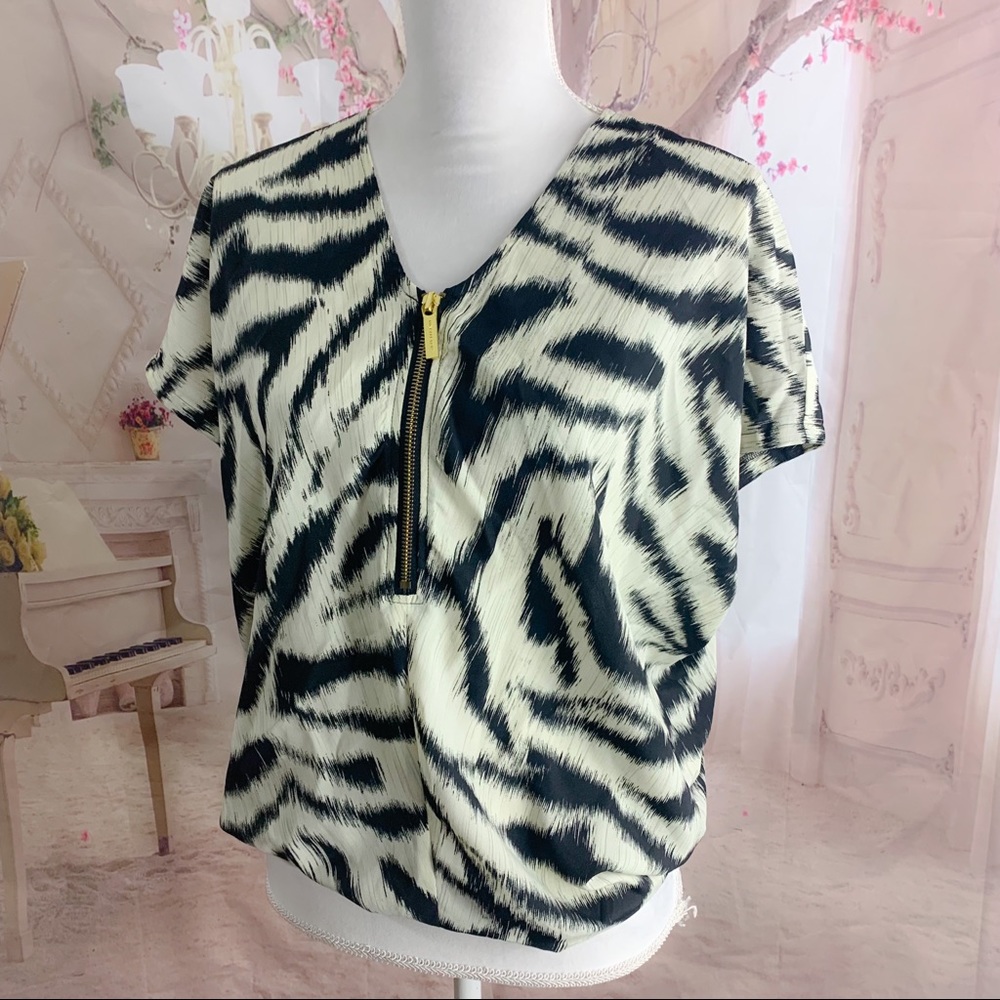 Michael Kors Zebra Animal Print Zipper Blouse